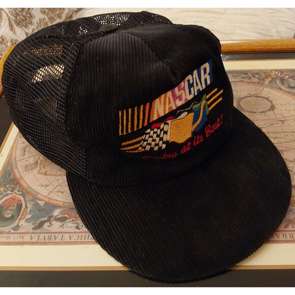 Vintage NASCAR Black Trucker Hat Corduroy Embroidered "Racing At Its Best" - Picture 2 of 7